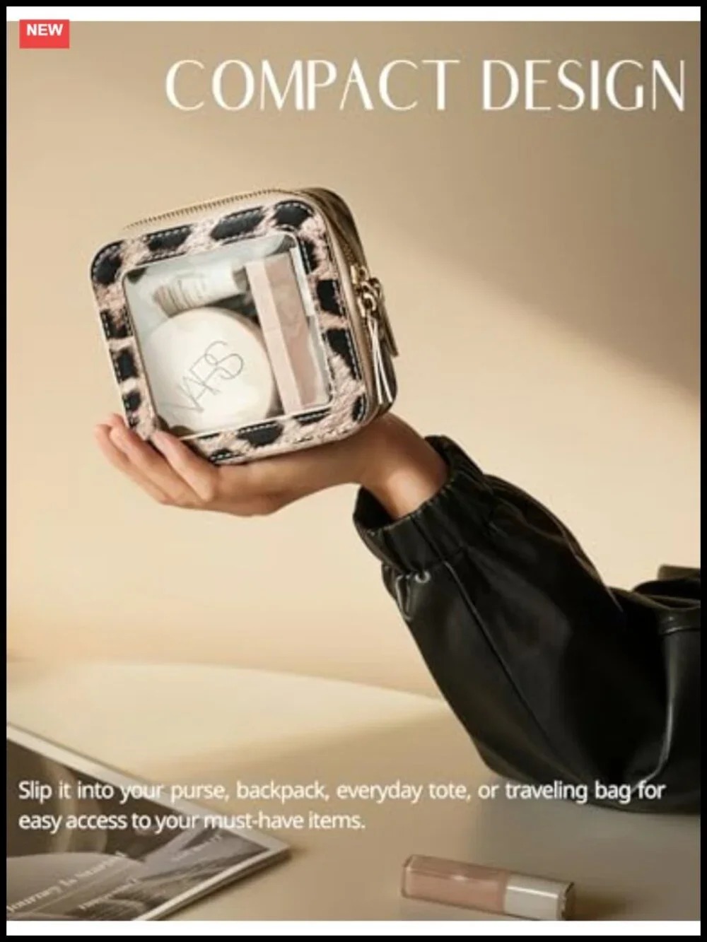 Clear Makeup Bag Faux Leather Leopard Print for Purse Travel Mini Cosmetic Pouch